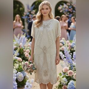 Vintage Lillie Rubin Ivory Sequin Dress Hand Beaded Size M